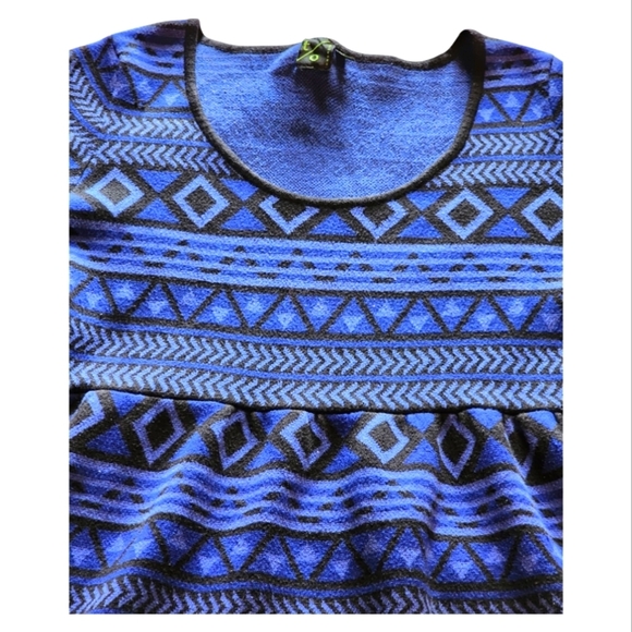 T/O Sweater Knit Dress XL Blue Black Geometric Tribal Boho Y2K Fit & Flare - Picture 8 of 12
